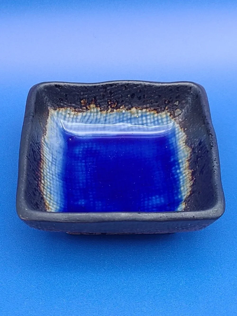 Kotobuki Japan Vintage Square Footed Crackled Trinket Dish BLUE 2.75" - Picture 4 of 9